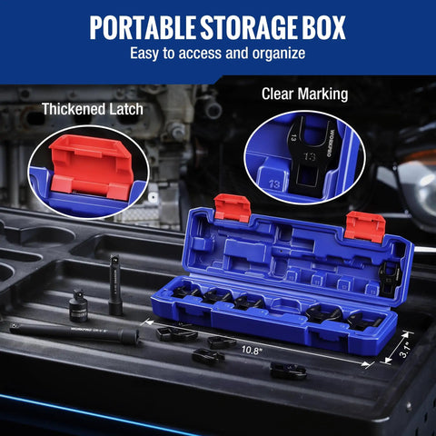 Crowfoot Wrench Set 3/8 Inch Drive, 13 Piece Metric Crowfoot Wrenches With Two Extension Bars, 1/2 Inch To 3/8 Inch Adapter in Storage Box
