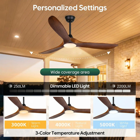 Farmhouse Outdoor Ceiling Fan With Lights, 60 Inch Wood Blade Damp Rated, remote control, warm to cool white LED, patio use