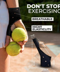 Person wearing Thumb Brace 4 Pack Waterproof Splints With Gel Pad holding tennis balls, showcasing elasticity and fit.