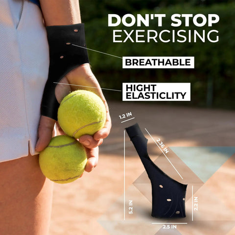 Person wearing Thumb Brace 4 Pack Waterproof Splints With Gel Pad holding tennis balls, showcasing elasticity and fit.