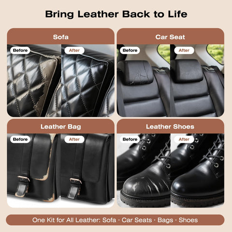 All In One Leather Repair Kit With Recoloring Balm Filler And Conditioning Cleaner For Sofas Car Seats Jackets Purses Shoes And Faux Leather A 3 In 1 Vinyl Repair Set For Scratches Tears And Stains before after use example