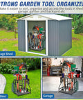 Collage of Beefy Heavy Duty Garden Tool Organizer For Garage And Shed in shed, garden, and garage settings, holding various tools.