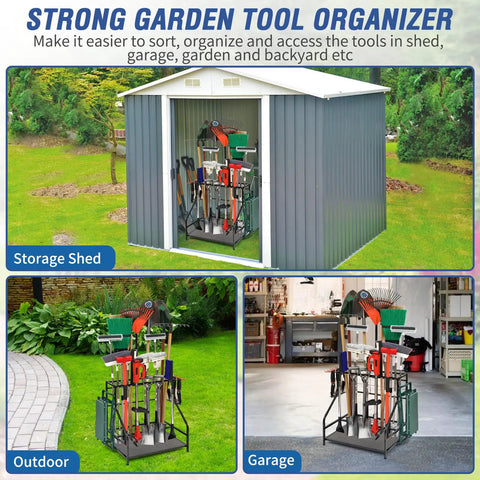 Collage of Beefy Heavy Duty Garden Tool Organizer For Garage And Shed in shed, garden, and garage settings, holding various tools.