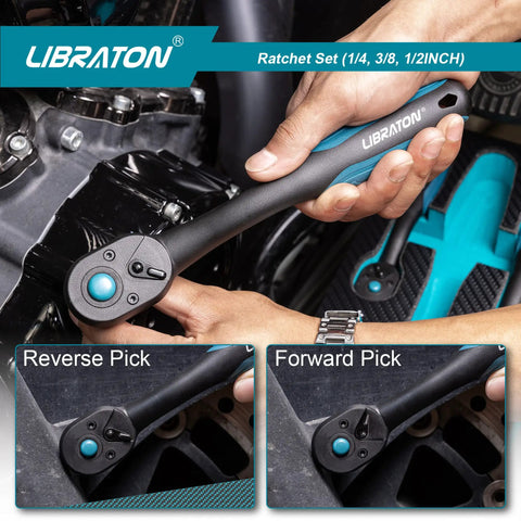 Close-up of Beefy Three Piece Ratchet Set with quick release head, comfortable grip, used in car repair, showing reverse and forward pick.