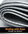 Close-up of Heavy Duty Waterproof Poly Tarpaulin 12x25 Feet Silver Black with reinforced edges, highlighting tear-resistant rope binding.
