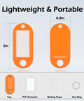 Orange key tag with PVC protector and writing paper, labeled 'Lightweight & Portable', dimensions 2in x 0.8in with key ring included.
