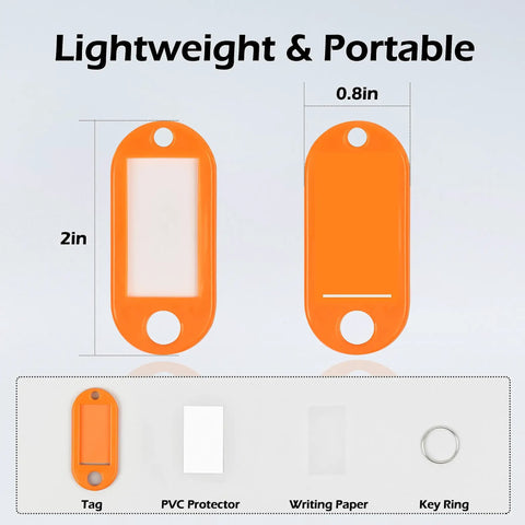 Orange key tag with PVC protector and writing paper, labeled 'Lightweight & Portable', dimensions 2in x 0.8in with key ring included.