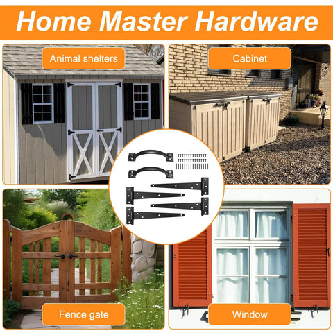 Heavy Duty Wood Gate Hardware Kit With Four 8 Inch Hinges Two Self Adjusting Latches Two Door Handles Screws Included Black Finish For Outdoor Fence Swing Gates Easy Install And Durable Outdoor Gate Hardware on shed, cabinet, fence, and window