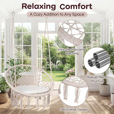 Macrame Hammock Chair Swing With Round Seat Cushion And Hardware Kit For Indoor Outdoor Use Boho Beige Hanging Chair in room