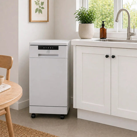 Game Changing 18 Inch Portable Dishwasher With Stainless Steel Tub And Six Hardworking Wash Cycles For No Sweat Cleanup Energy Star Approved Slick White Style in kitchen corner.