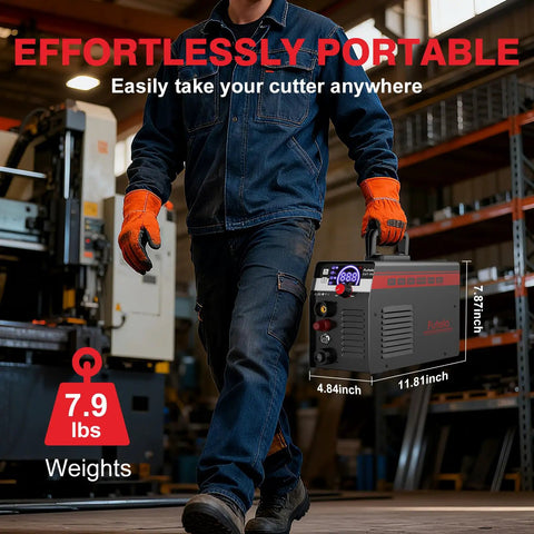 Person carrying Dual Voltage Plasma Cutter 55A With Non Touch Pilot Arc, IGBT Inverter, Large LED Display in workshop.
