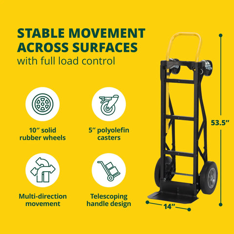 Nylon Dolly Hand Truck With Solid Rubber Tires, 53.5-inch height, multi-function design for stable movement