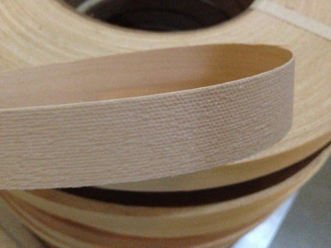 Close-up of premium Red Oak Edge Banding Tape Thirteen Sixteenths Inch 250 Foot Roll Pre Glued Iron On Veneer shown in a smooth sanded finish.