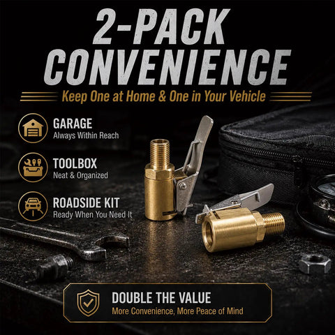 Locking Air Chucks For Tires With Quick Connect And 8mm Clip-On Adapter shown in 2-pack with garage, toolbox, roadside kit.