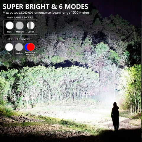 Rechargeable Spotlight With 2,000,000 Lumens illuminating forest scene, showcasing beam range and brightness modes on display