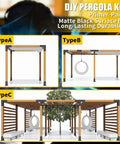 DIY pergola kit options for type A, B, C with matte black finish, illustrating 5 Way Right Corner Pegola Bracket Kit For 4x4 Lumber Diy Gazebo Pergola Construction With Hardware Heavy Duty 14 Gauge Steel Corner Brackets For Patio Outdoor Projects Log Cabin 1 Pack.