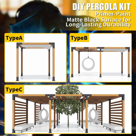 DIY pergola kit options for type A, B, C with matte black finish, illustrating 5 Way Right Corner Pegola Bracket Kit For 4x4 Lumber Diy Gazebo Pergola Construction With Hardware Heavy Duty 14 Gauge Steel Corner Brackets For Patio Outdoor Projects Log Cabin 1 Pack.