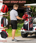 Fourteen Way Golf Cart Bag With T Lock Top And Full Length Dividers USA Flag Mens Premium Cart Golf Bag With Cooler And Rain Cover on cart
