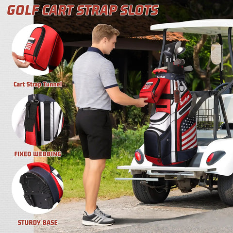 Fourteen Way Golf Cart Bag With T Lock Top And Full Length Dividers USA Flag Mens Premium Cart Golf Bag With Cooler And Rain Cover on cart