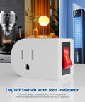 Grounded Outlet Extender With Easy Toggle On Off Switch Two Pack Three Prong Wall Tap Power Adapter Energy And Space Saving Plug For Lights And Small Appliances Red Indicator Light ETL Listed White on/off switch and red indicator