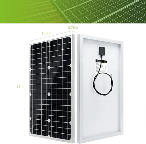 30W 12V 24V Solar Panel Kit, Monocrystalline Battery Trickle Charger, showing dimensions and back view with cable