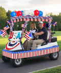 Golf cart decorated with All American Patriotic Parade Decor Kit With 46 Pieces For 4th Of July Celebrations For Golf Carts Bikes Boats