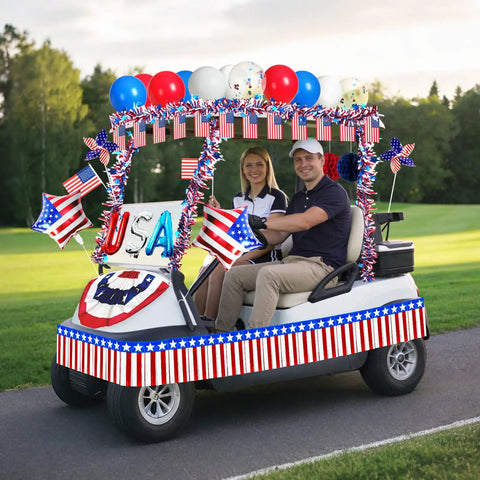 Golf cart decorated with All American Patriotic Parade Decor Kit With 46 Pieces For 4th Of July Celebrations For Golf Carts Bikes Boats