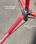 Close-up of stable tripod base of Ultralight Pro Bike Repair Stand Travel Ready Work Stand With Tripod Base Ultra Lightweight Aluminum Durable Portable Bicycle Stand With Secure Clamp Ideal For Road And MTB Maintenance Red