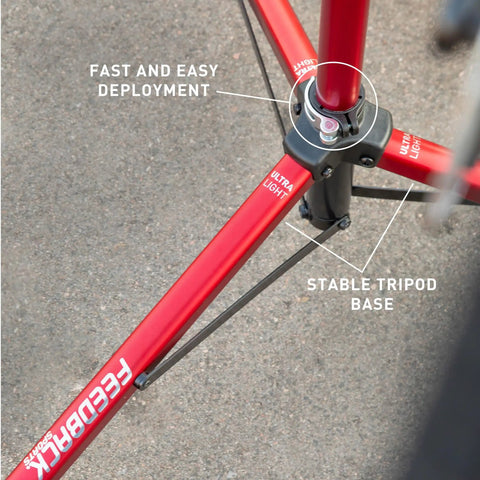 Close-up of stable tripod base of Ultralight Pro Bike Repair Stand Travel Ready Work Stand With Tripod Base Ultra Lightweight Aluminum Durable Portable Bicycle Stand With Secure Clamp Ideal For Road And MTB Maintenance Red