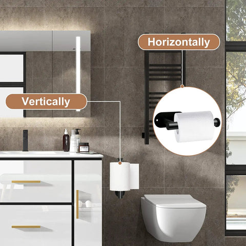 2 Pack Black Wall Mount Toilet Paper Holder for Bathroom Storage, stainless steel, shown mounted vertically and horizontally