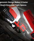 Mechanic using a red Cordless Three Eighth Inch Ratchet Wrench Workhorse For Tough Jobs with LED light under a car hood.