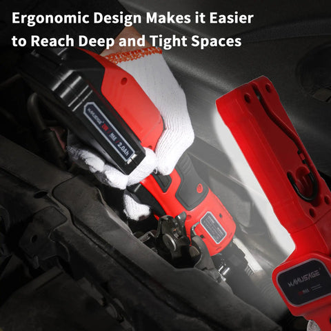 Mechanic using a red Cordless Three Eighth Inch Ratchet Wrench Workhorse For Tough Jobs with LED light under a car hood.