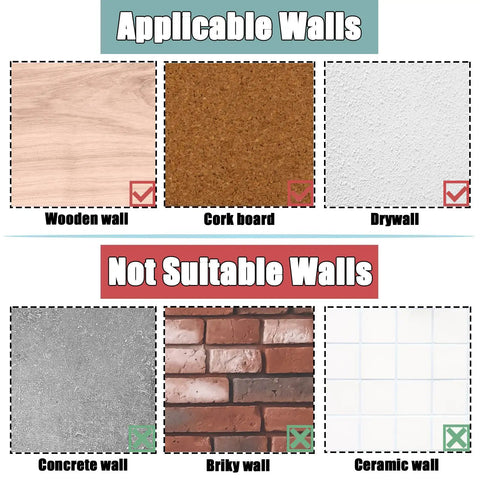 Chart showing suitable and unsuitable walls for Stainless Steel Picture Hanging Nails And Hooks 30 Pack Heavy Duty Push Pins