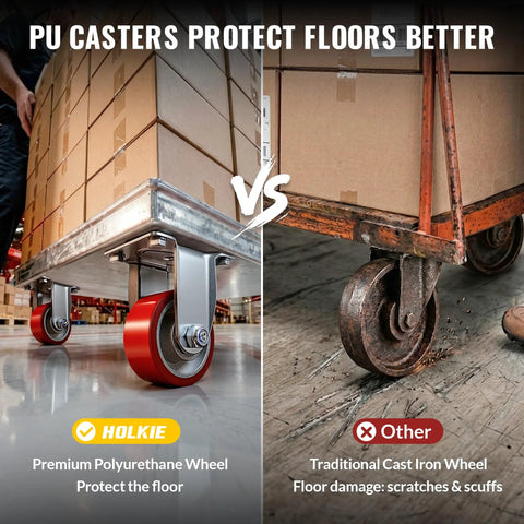 Heavy Duty 3 Inch Caster Wheels Set Of 4 With Thick Steel Brackets And Total Lock Brakes Rated Up To 1410 Lbs Capacity comparison showing polyurethane vs cast iron wheels.