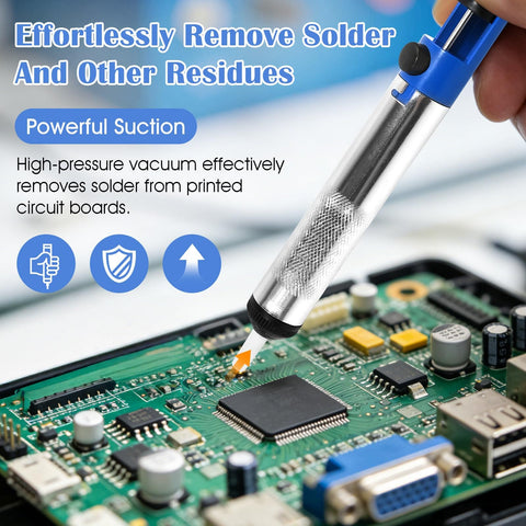 Desoldering Pump With Vacuum And 3 Desoldering Guns Pack for fast, clean solder removal from circuit boards shown in use