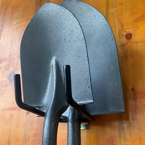 Heavy Duty E Track Shovel Hanger 4 Pack For Long Handled Tools Steel Double J Hook Tool Organizer in use holding shovels