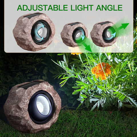Solar Rock Lights Outdoor 2 Pack Lit Durable IP65 Waterproof Yard Pathway Lights With Auto On Off Function in garden setting.