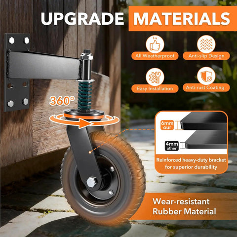 8 Inch Heavy Duty Fence Gate Wheel With 360 Degree Rotation Spring Loaded Rubber Caster 700 Lbs Capacity Fits Metal Tube Or Wooden Gates No Fuss Install With Straight Bolts And U Bolts, shown attached to a wooden gate, demonstrating 360-degree rotation.