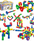 136-Piece Tubular Pipes And Spout STEAM Interlocking Building Block Set with colorful pieces and storage box displayed with constructs.