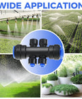 Images of gardens with irrigation and Eight Piece One Quarter Inch Drip Irrigation 6 Way Splitter Connector Kit for DIY setup.