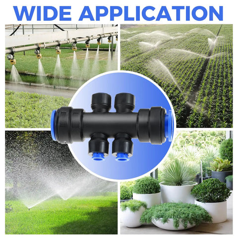 Images of gardens with irrigation and Eight Piece One Quarter Inch Drip Irrigation 6 Way Splitter Connector Kit for DIY setup.