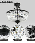 Crystal Ceiling Light Fixture 19.5 Inch With 5 Light Raindrop Semi Flush Mount Chandelier, black frame, crystal beads, E26 socket