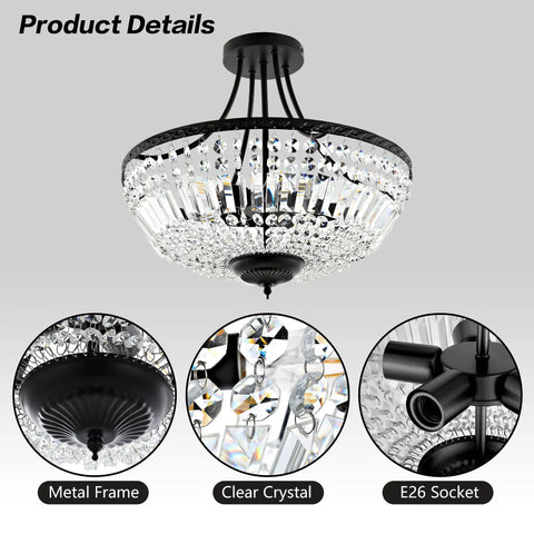 Crystal Ceiling Light Fixture 19.5 Inch With 5 Light Raindrop Semi Flush Mount Chandelier, black frame, crystal beads, E26 socket
