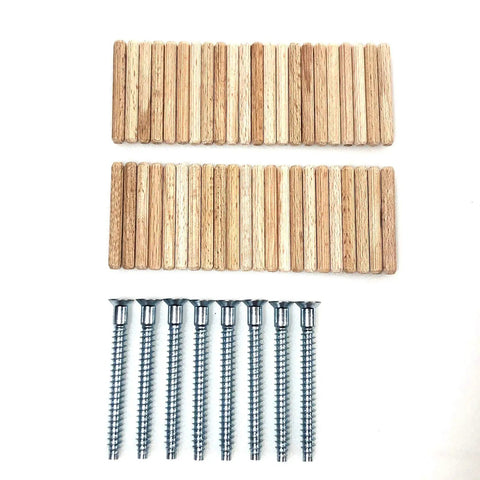 Heavy Duty Replacement Screws Hardware Kit For Kallax Two By Four Shelf Unit showing eight steel bolts and forty four wooden dowels.