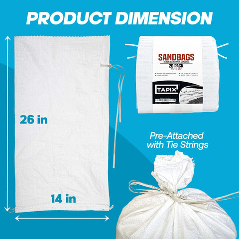 Heavy Duty Sand Bags With Ties For Flood Protection 14x26 Inches Pack Of 20 White Woven Polypropylene Sandbags With Dimensions and Ties