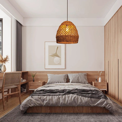 Bedroom with Seagrass Chandelier With Handwoven Rattan Wicker, Rustic Ceiling Hanging Light Fixture, 15.74 Inch Boho Farmhouse Vibe
