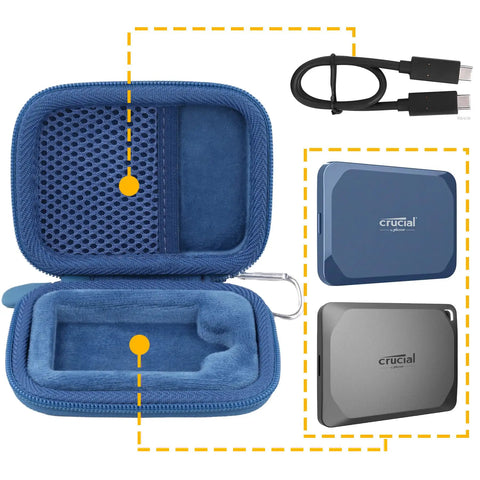 Blue Protective Case For Crucial X10 X9 X9 Pro X10 Pro Portable SSD 1TB 2TB 4TB 8TB With mesh and inner tray visible