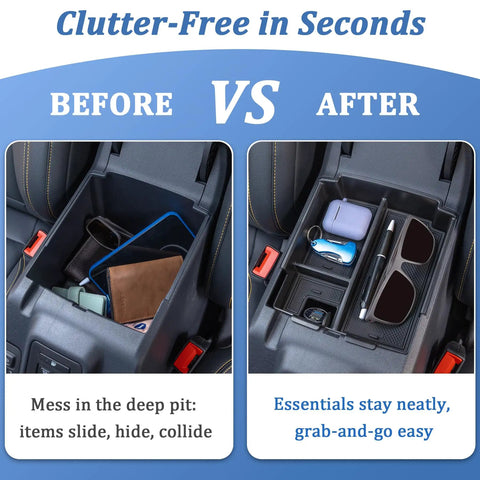 Before and after Ford Bronco Console Tray Organizer Upgraded For 2025 2026 4 Door With Auto Trans showing organized interior