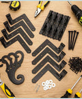 Heavy Duty Steel Blind Shutter Hinges 8 Pack With S Holdback Hook 1-1/16 Inch on wooden surface with screws and tools.