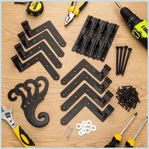 Heavy Duty Steel Blind Shutter Hinges 8 Pack With S Holdback Hook 1-1/16 Inch on wooden surface with screws and tools.